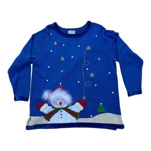 Quaker Factory Snowman Christmas Sweater Vintage Blue Feather Trim Ugly 2X NWT